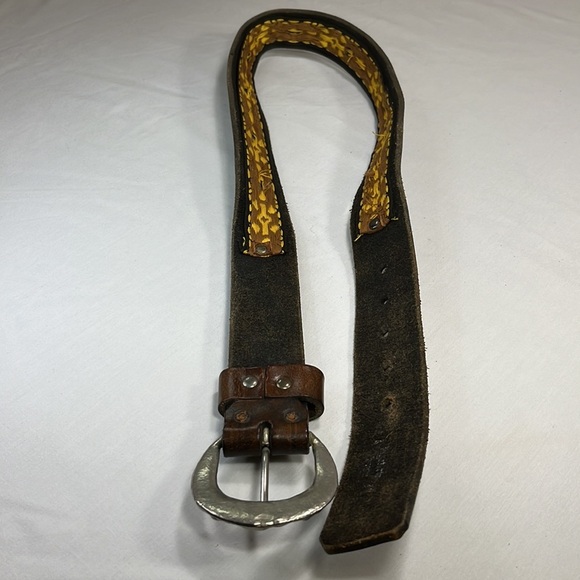 VTG Chunky Leather Studded Jacquard Belt, Wide Unisex Bohemian Tapestry Moto - Picture 6 of 12